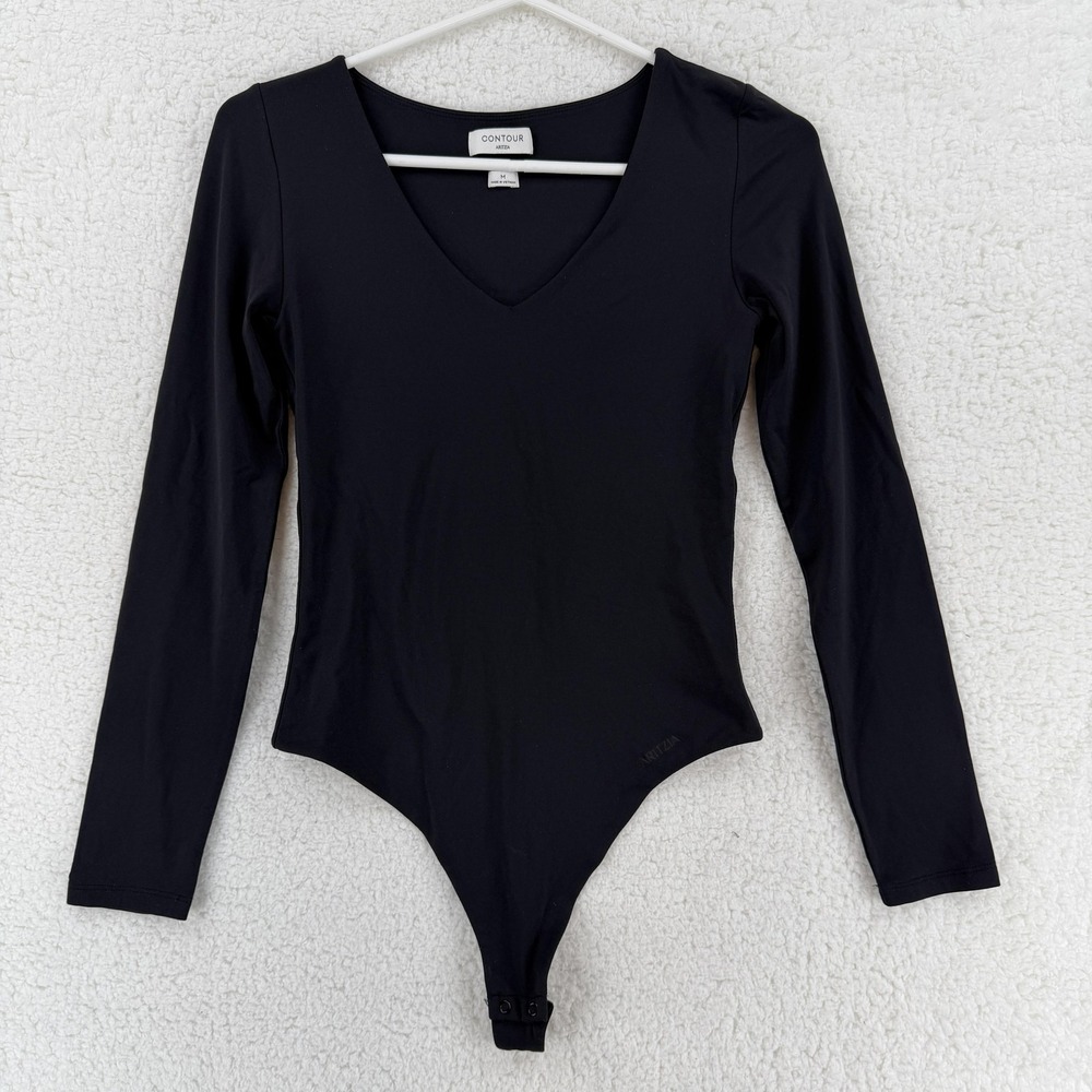Aritzia Wilfred Contour Bodysuit Womens Medium Black V Neck Long Sleeve M